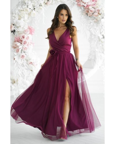 Rochie eleganta lunga din tulle burgundy vaporoasa cu floare decorativa Dyandra Rochii, Rochie eleganta lunga din tulle burgundy vaporoasa cu floare decorativa Dyandra - jojofashion.ro