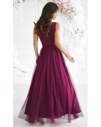 Rochie eleganta lunga din tulle burgundy vaporoasa cu floare decorativa Dyandra Rochii, Rochie eleganta lunga din tulle burgundy vaporoasa cu floare decorativa Dyandra - jojofashion.ro