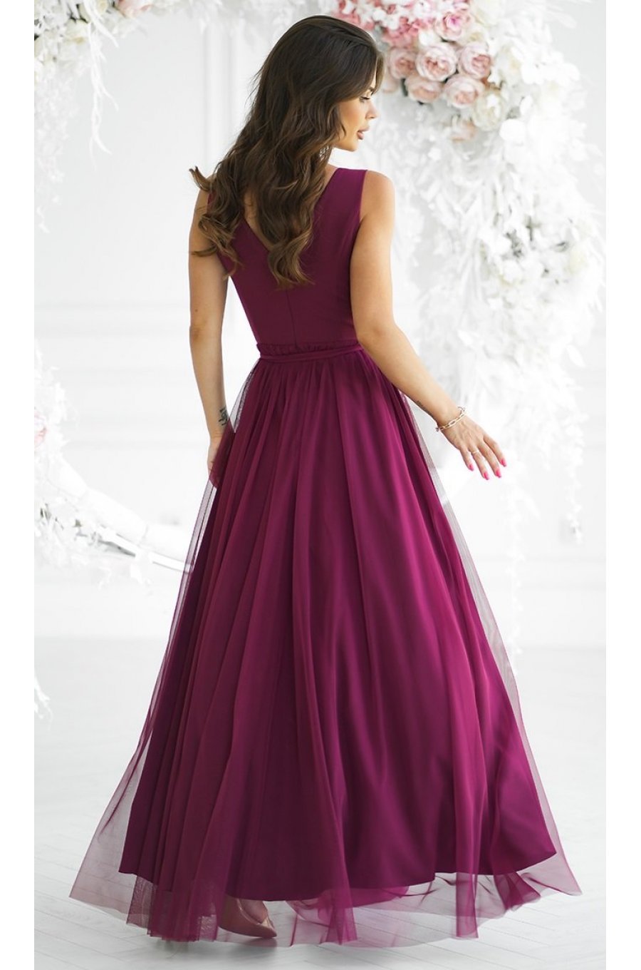Rochie eleganta lunga din tulle burgundy vaporoasa cu floare decorativa Dyandra 2 - jojofashion.ro