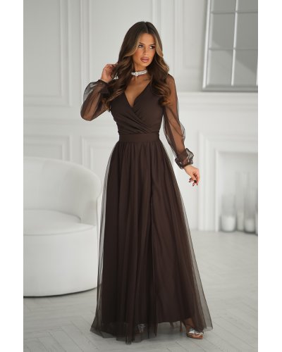 Tinute de revelion, Rochie eleganta lunga din tulle ciocolata cu maneca lunga SplendorB - jojofashion.ro