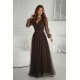 Rochie eleganta lunga din tulle ciocolata cu maneca lunga SplendorB 2 - jojofashion.ro