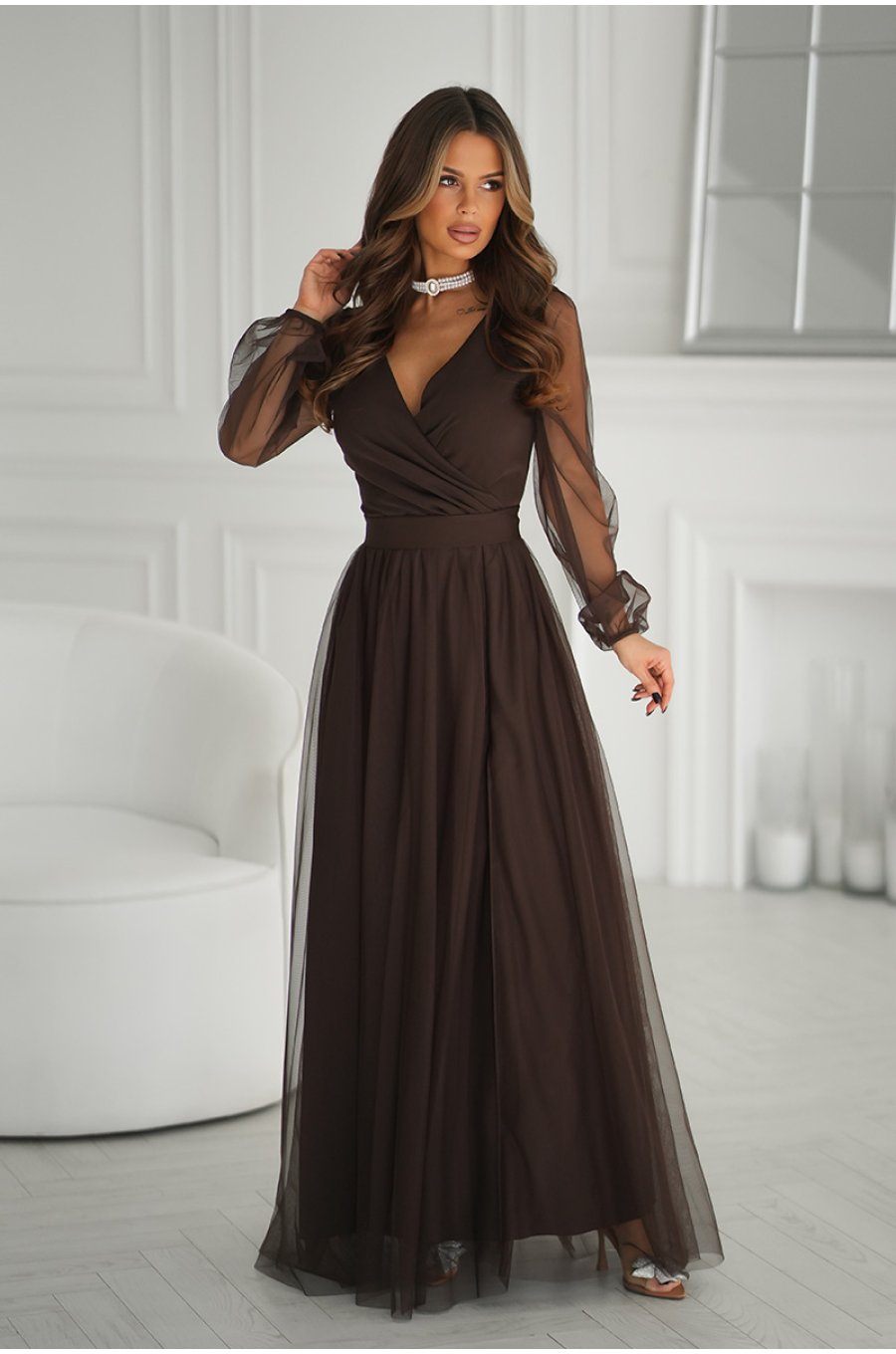 Rochie eleganta lunga din tulle ciocolata cu maneca lunga SplendorB 1 - jojofashion.ro