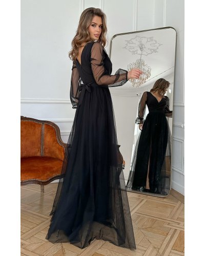Rochie eleganta lunga neagra din tulle cu maneca lunga SplendorB Rochii, Rochie eleganta lunga neagra din tulle cu maneca lunga SplendorB - jojofashion.ro