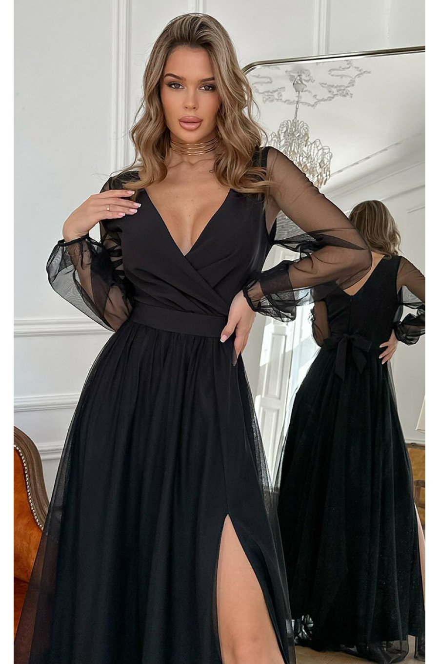 Rochie eleganta lunga, din tulle, neagra, cu maneca lunga, SplendorB 3 - jojofashion.ro