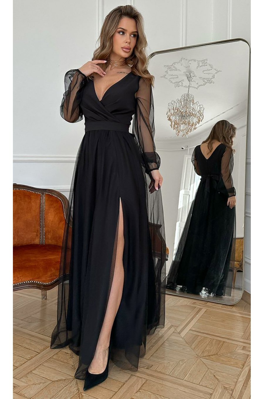 Rochie eleganta lunga, din tulle, neagra, cu maneca lunga, SplendorB 5 - jojofashion.ro