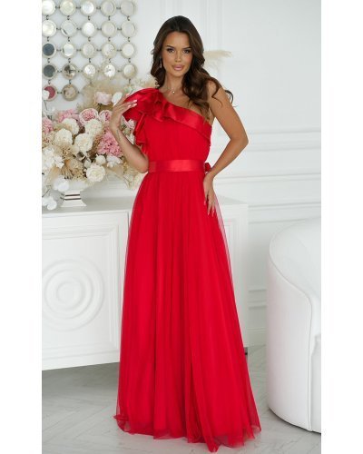 Rochie eleganta rosie lunga din tulle cu un umar gol si volan din satin Irresistible Rochii lungi, Rochie eleganta rosie lunga din tulle cu un umar gol si volan din satin Irresistible - jojofashion.ro