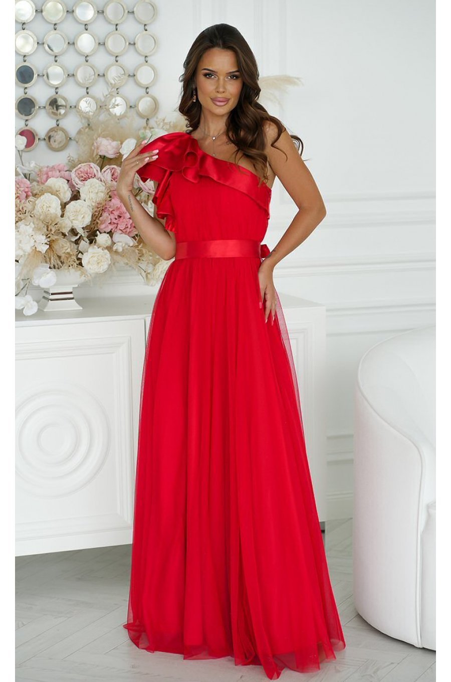 Rochie eleganta rosie lunga din tulle cu un umar gol si volan din satin Irresistible 1 - jojofashion.ro