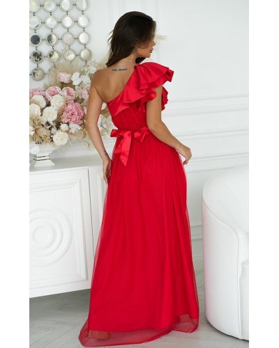 Rochie eleganta rosie lunga din tulle cu un umar gol si volan din satin Irresistible Rochii lungi, Rochie eleganta rosie lunga din tulle cu un umar gol si volan din satin Irresistible - jojofashion.ro