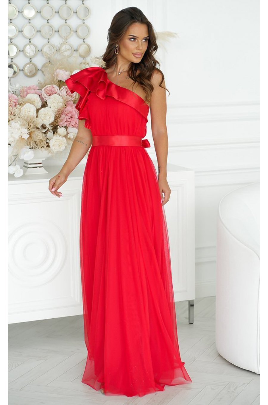 Rochie eleganta rosie lunga din tulle cu un umar gol si volan din satin Irresistible 5 - jojofashion.ro