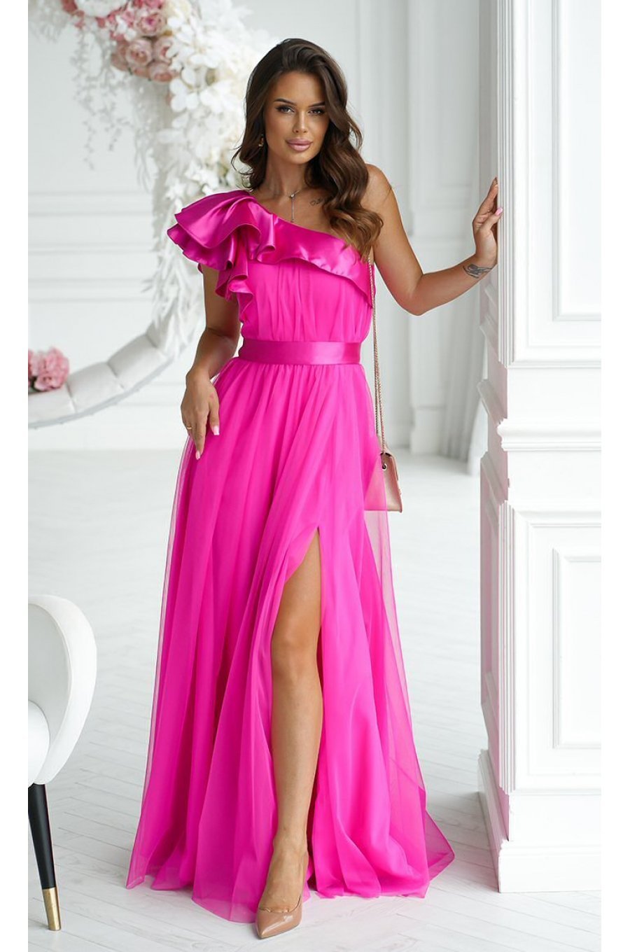 Rochie lunga roz fucsia din tulle cu un umar gol si volan din satin Irresistible 1 - jojofashion.ro