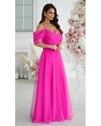 Rochie eleganta lunga din tulle roz fucsia vaporoasa cu umerii goi FloraY Rochii lungi, Rochie eleganta lunga din tulle roz fucsia vaporoasa cu umerii goi FloraY - jojofashion.ro