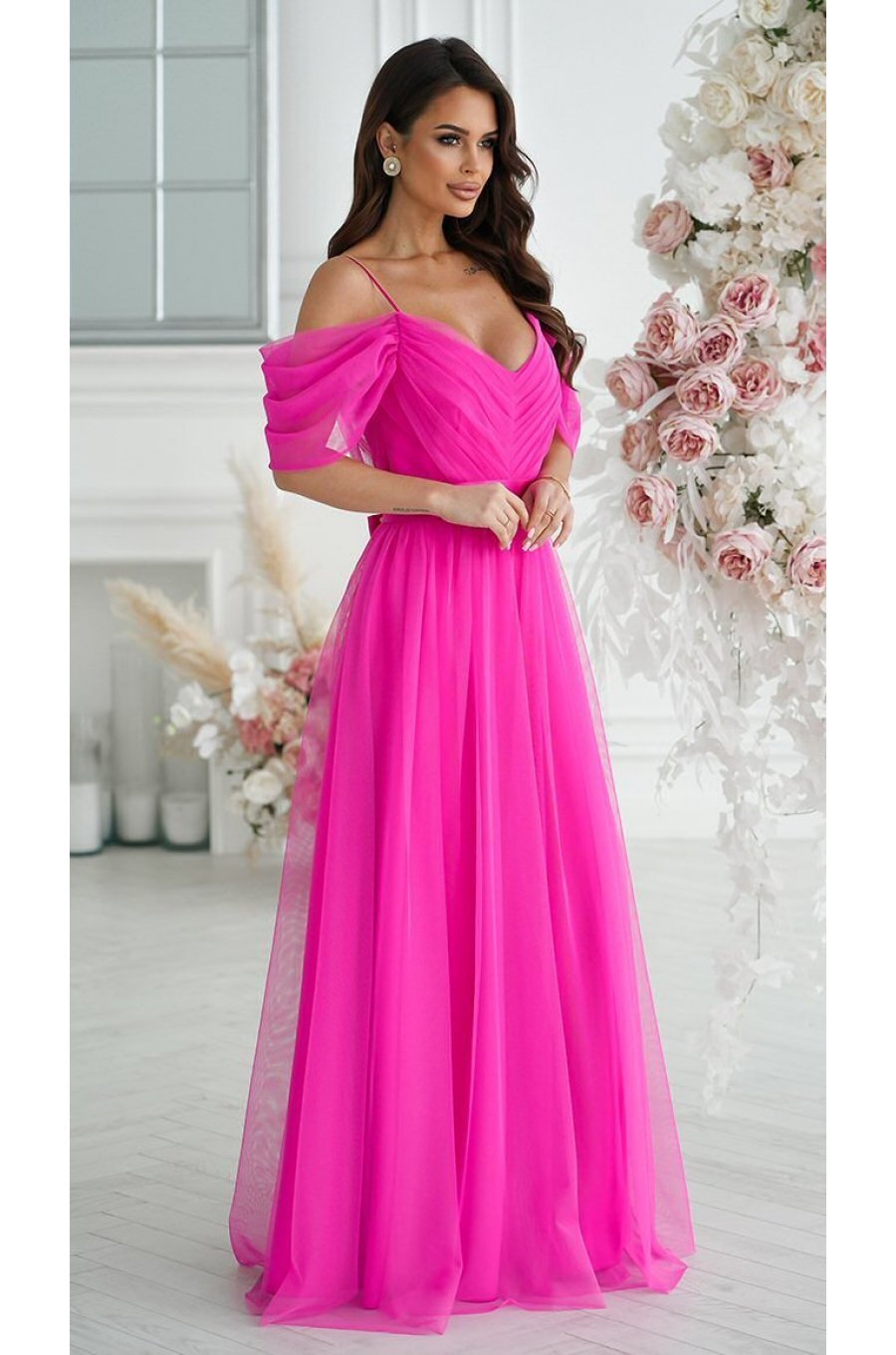 Rochie eleganta lunga, din tulle, roz fucsia, vaporoasa, cu umerii goi, FloraY 2 - jojofashion.ro