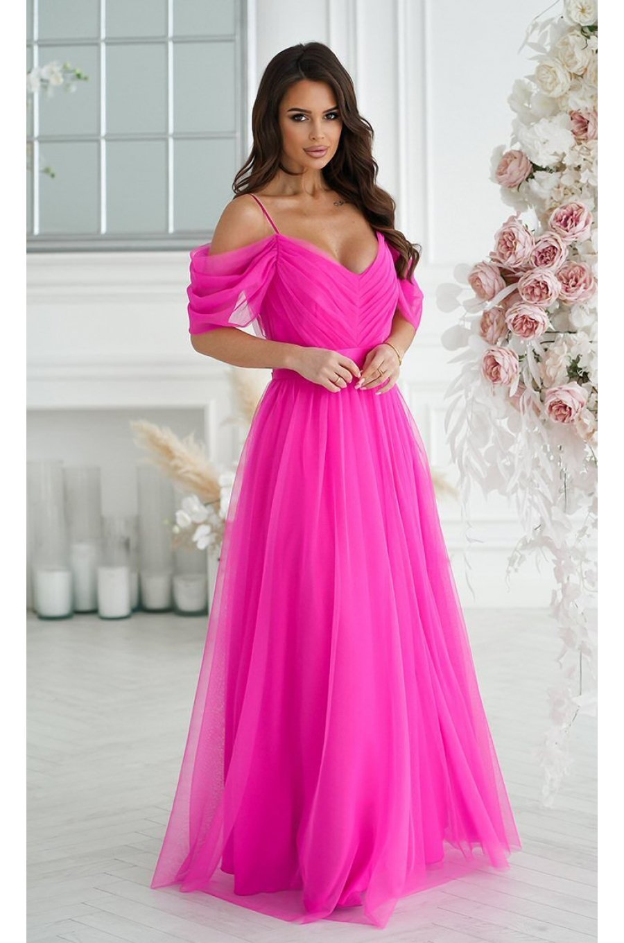 Rochie eleganta lunga din tulle roz fucsia vaporoasa cu umerii goi FloraY 5 - jojofashion.ro