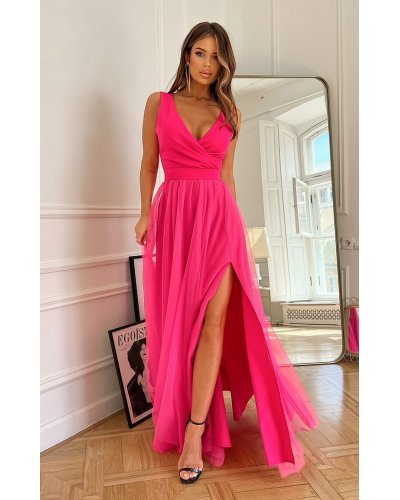 Rochie lunga eleganta roz neon din tulle vaporoasa Andreea Rochii lungi, Rochie lunga eleganta roz neon din tulle vaporoasa Andreea - jojofashion.ro
