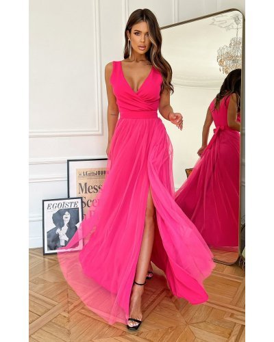 Rochie lunga eleganta roz neon din tulle vaporoasa Andreea Rochii lungi, Rochie lunga eleganta roz neon din tulle vaporoasa Andreea - jojofashion.ro
