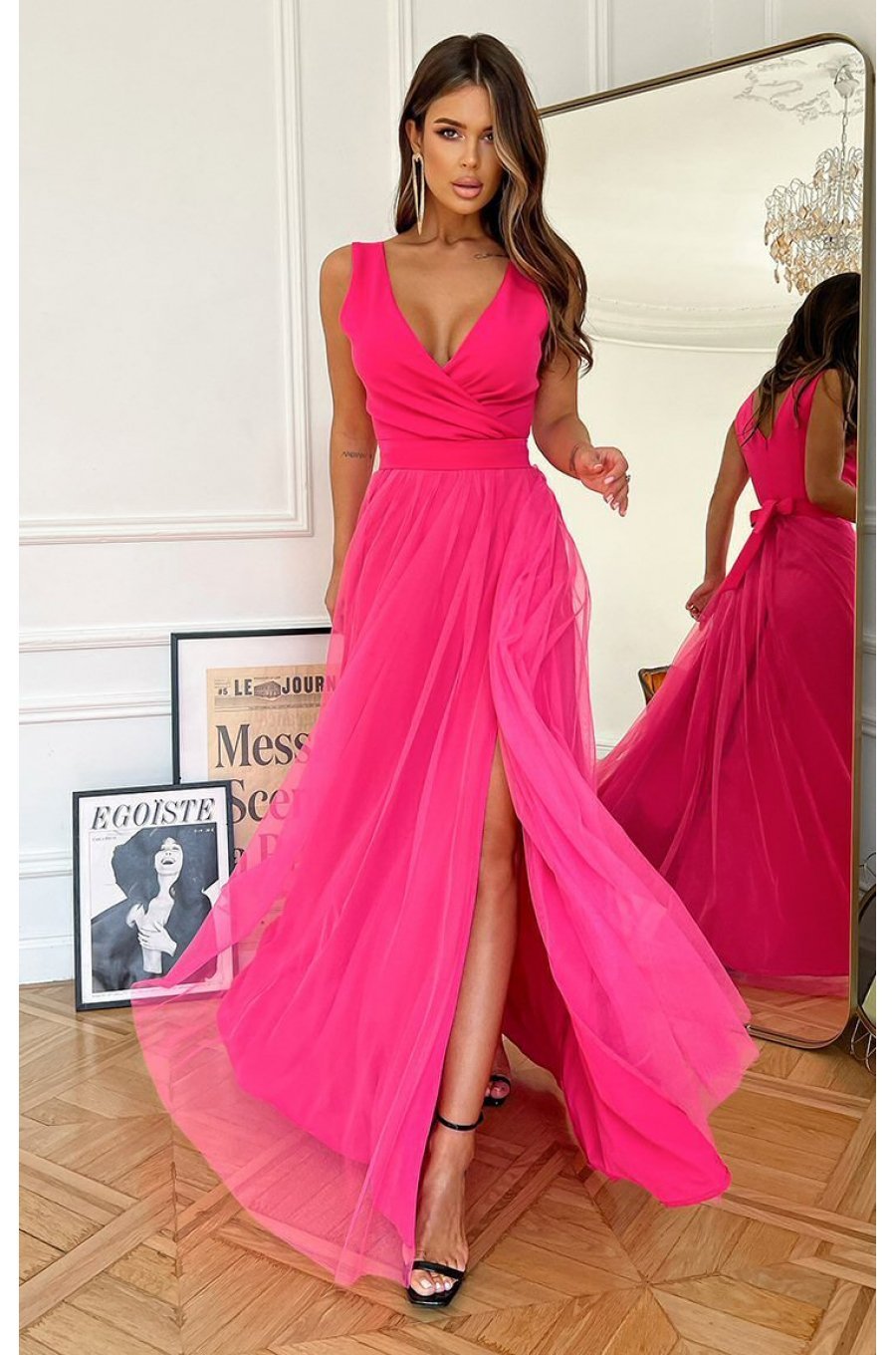 Rochie lunga eleganta roz neon din tulle vaporoasa Andreea 2 - jojofashion.ro