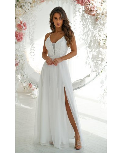 Rochie eleganta lunga,din tulle si dantela, alba, Isadora Rochii lungi, Rochie eleganta lunga,din tulle si dantela, alba, Isadora - jojofashion.ro