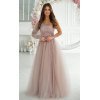 Rochie eleganta lunga din tulle si dantela bej sampanie cu un umar gol si maneca lunga Azelle