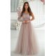 Rochie eleganta lunga din tulle si dantela bej sampanie cu un umar gol si maneca lunga Azelle 2 - jojofashion.ro
