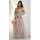 Rochie eleganta lunga din tulle si dantela bej sampanie cu un umar gol si maneca lunga Azelle 3 - jojofashion.ro