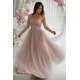 Rochie eleganta lunga din tulle si dantela bej sampanie cu un umar gol si maneca lunga Azelle 4 - jojofashion.ro