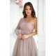 Rochie eleganta lunga, din tulle si dantela, bej sampanie, cu un umar gol si maneca lunga, Azelle 5 - jojofashion.ro