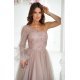 Rochie eleganta lunga din tulle si dantela bej sampanie cu un umar gol si maneca lunga Azelle 6 - jojofashion.ro