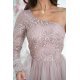 Rochie eleganta lunga, din tulle si dantela, bej sampanie, cu un umar gol si maneca lunga, Azelle 7 - jojofashion.ro