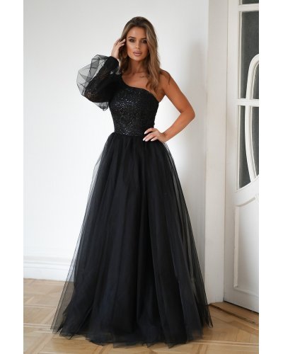 Rochie eleganta lunga neagra din tulle si dantela cu un umar gol si maneca lunga Azelle Rochii lungi, Rochie eleganta lunga neagra din tulle si dantela cu un umar gol si maneca lunga Azelle - jojofashion.ro