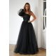 Rochie eleganta lunga neagra din tulle si dantela cu un umar gol si maneca lunga Azelle 2 - jojofashion.ro