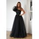 Rochie de ocazie lunga, din tulle si dantela, neagra, cu un umar gol si maneca lunga, Azelle 2 - jojofashion.ro