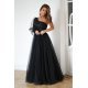 Rochie de ocazie lunga, din tulle si dantela, neagra, cu un umar gol si maneca lunga, Azelle 5 - jojofashion.ro