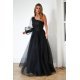 Rochie de ocazie lunga, din tulle si dantela, neagra, cu un umar gol si maneca lunga, Azelle 6 - jojofashion.ro