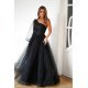 Rochie de ocazie lunga, din tulle si dantela, neagra, cu un umar gol si maneca lunga, Azelle 7 - jojofashion.ro