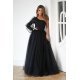 Rochie de ocazie lunga, din tulle si dantela, neagra, cu un umar gol si maneca lunga, Azelle 8 - jojofashion.ro