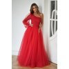 Rochie eleganta lunga rosie din tulle si dantela cu un umar gol si maneca lunga Azelle