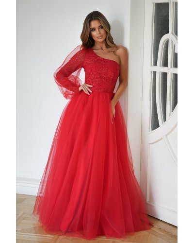 Rochie eleganta lunga rosie din tulle si dantela cu un umar gol si maneca lunga Azelle Rochii lungi, Rochie eleganta lunga rosie din tulle si dantela cu un umar gol si maneca lunga Azelle - jojofashion.ro