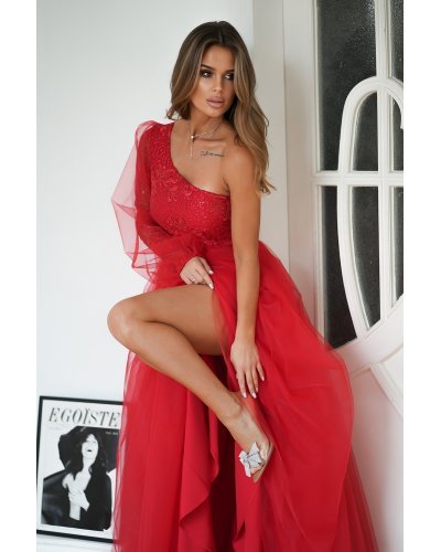 Rochie eleganta lunga rosie din tulle si dantela cu un umar gol si maneca lunga Azelle Rochii lungi, Rochie eleganta lunga rosie din tulle si dantela cu un umar gol si maneca lunga Azelle - jojofashion.ro