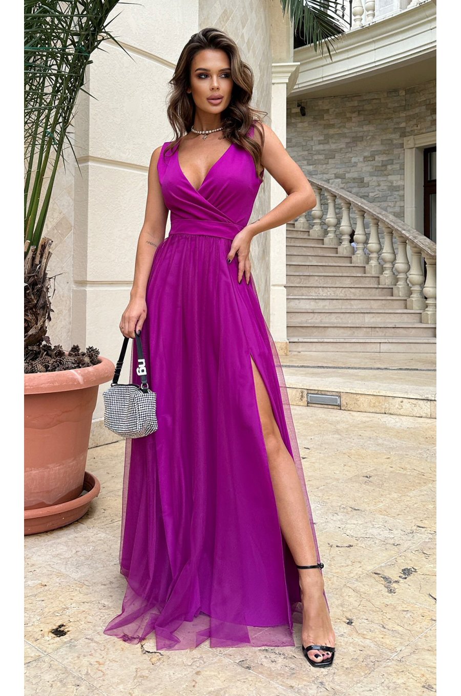 Rochie lunga eleganta din tulle violet bishop vaporoasa Andreea 1 - jojofashion.ro