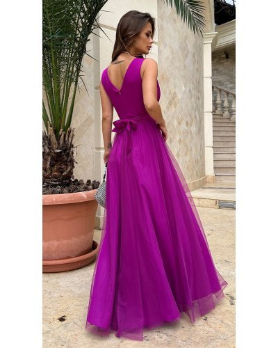 Rochie lunga eleganta din tulle violet bishop vaporoasa Andreea Rochii lungi, Rochie lunga eleganta din tulle violet bishop vaporoasa Andreea - jojofashion.ro