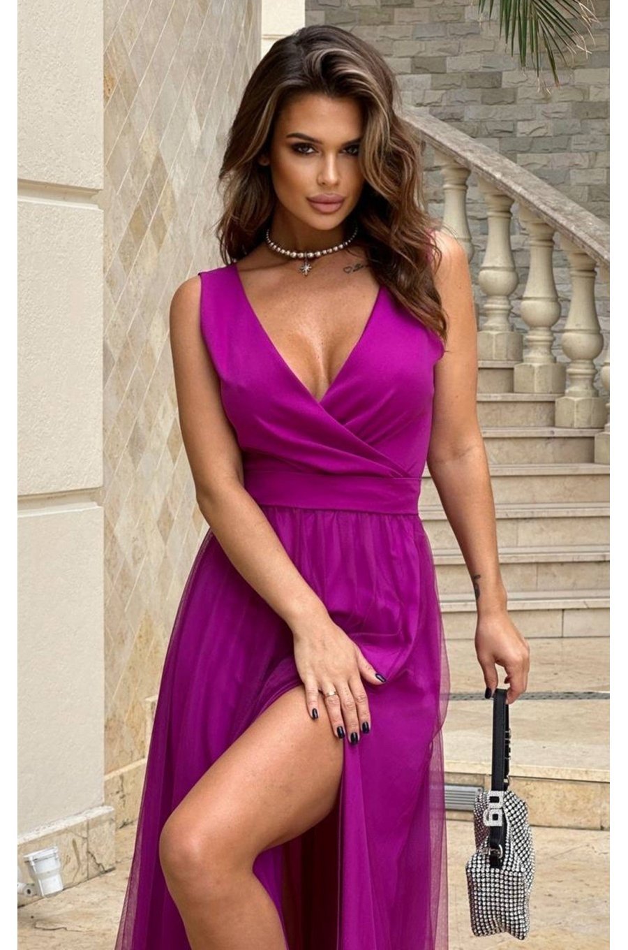 Rochie lunga eleganta din tulle violet bishop vaporoasa Andreea 3 - jojofashion.ro