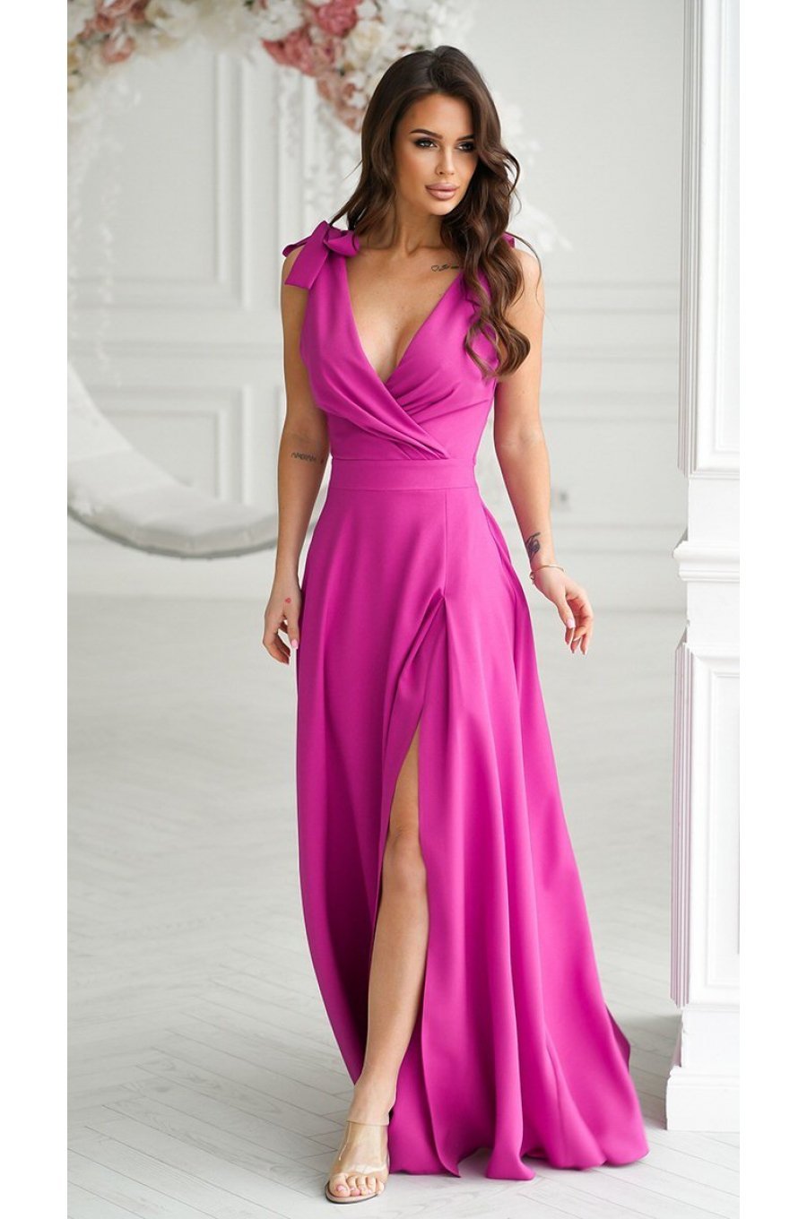 Rochie eleganta lunga, din vascoza, roz fucsia, Andra 1 - jojofashion.ro