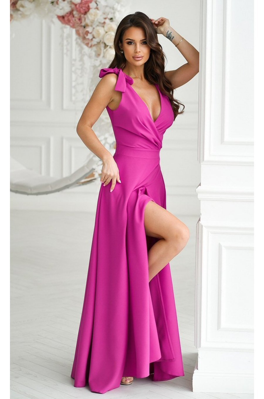 Rochie eleganta lunga, din vascoza, roz fucsia, Andra 3 - jojofashion.ro