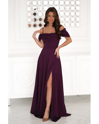 Rochii vaporoase, Rochie eleganta lunga glitter mov pruna cu umerii goi vaporoasa Delight - jojofashion.ro