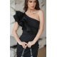 Rochie eleganta neagra lunga cu un umar gol cu volan si pene Reyna 6 - jojofashion.ro