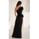Rochie lunga neagra cu floare pe umar cu maneca lunga Charming 3 - jojofashion.ro