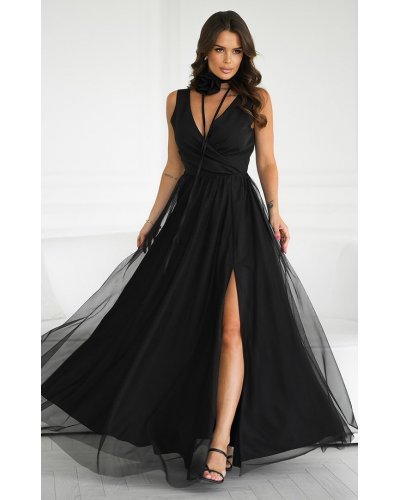Rochie eleganta lunga neagra vaporoasa din tulle cu floare pe umar Dyandra Rochii, Rochie eleganta lunga neagra vaporoasa din tulle cu floare pe umar Dyandra - jojofashion.ro