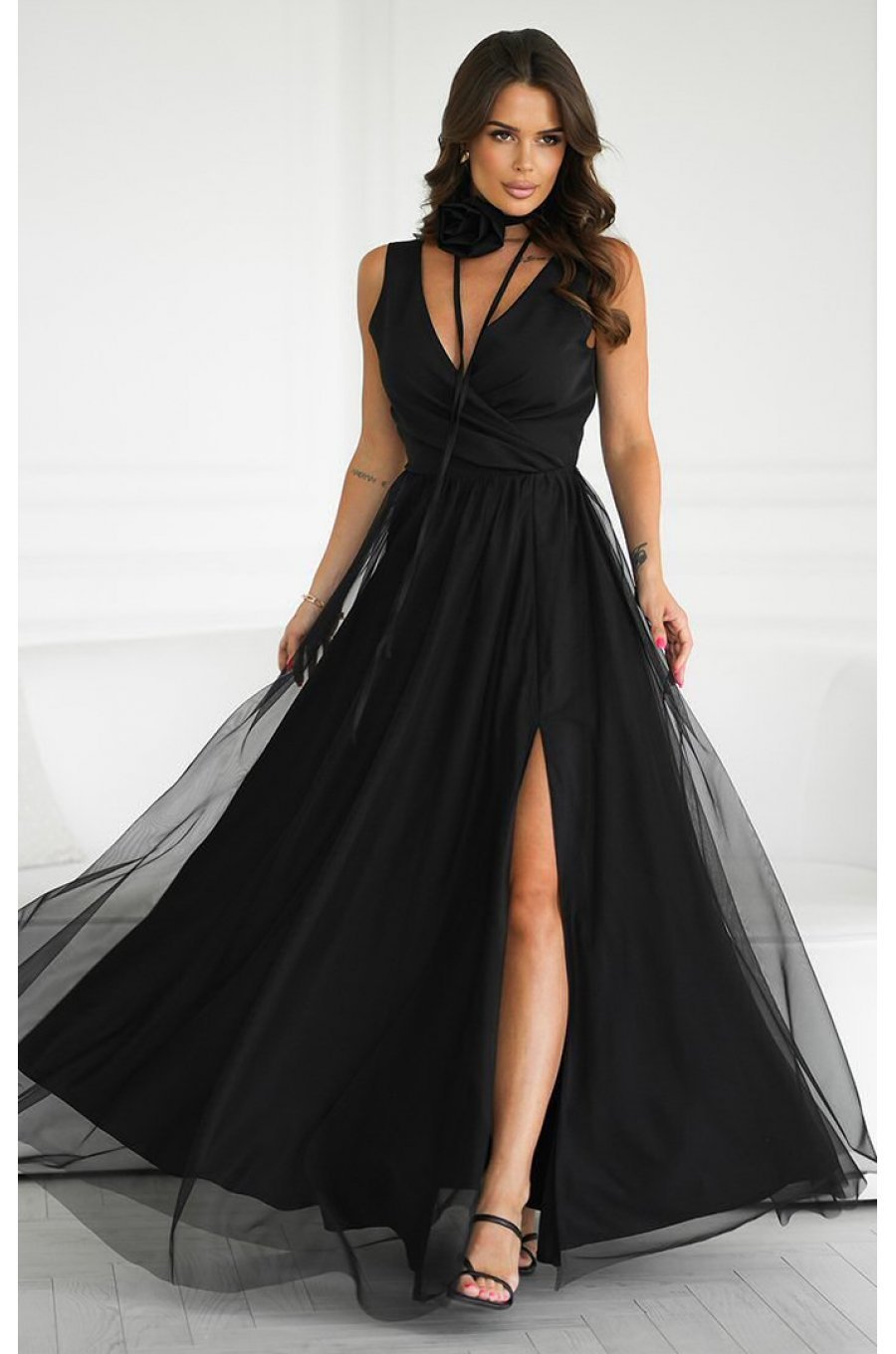 Rochie eleganta lunga neagra vaporoasa din tulle cu floare pe umar Dyandra 1 - jojofashion.ro