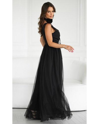 Rochie eleganta lunga neagra vaporoasa din tulle cu floare pe umar Dyandra Rochii, Rochie eleganta lunga neagra vaporoasa din tulle cu floare pe umar Dyandra - jojofashion.ro