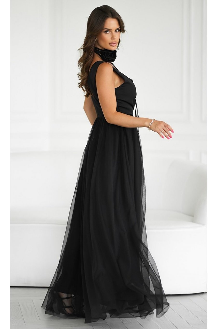 Rochie eleganta lunga neagra vaporoasa din tulle cu floare pe umar Dyandra 2 - jojofashion.ro